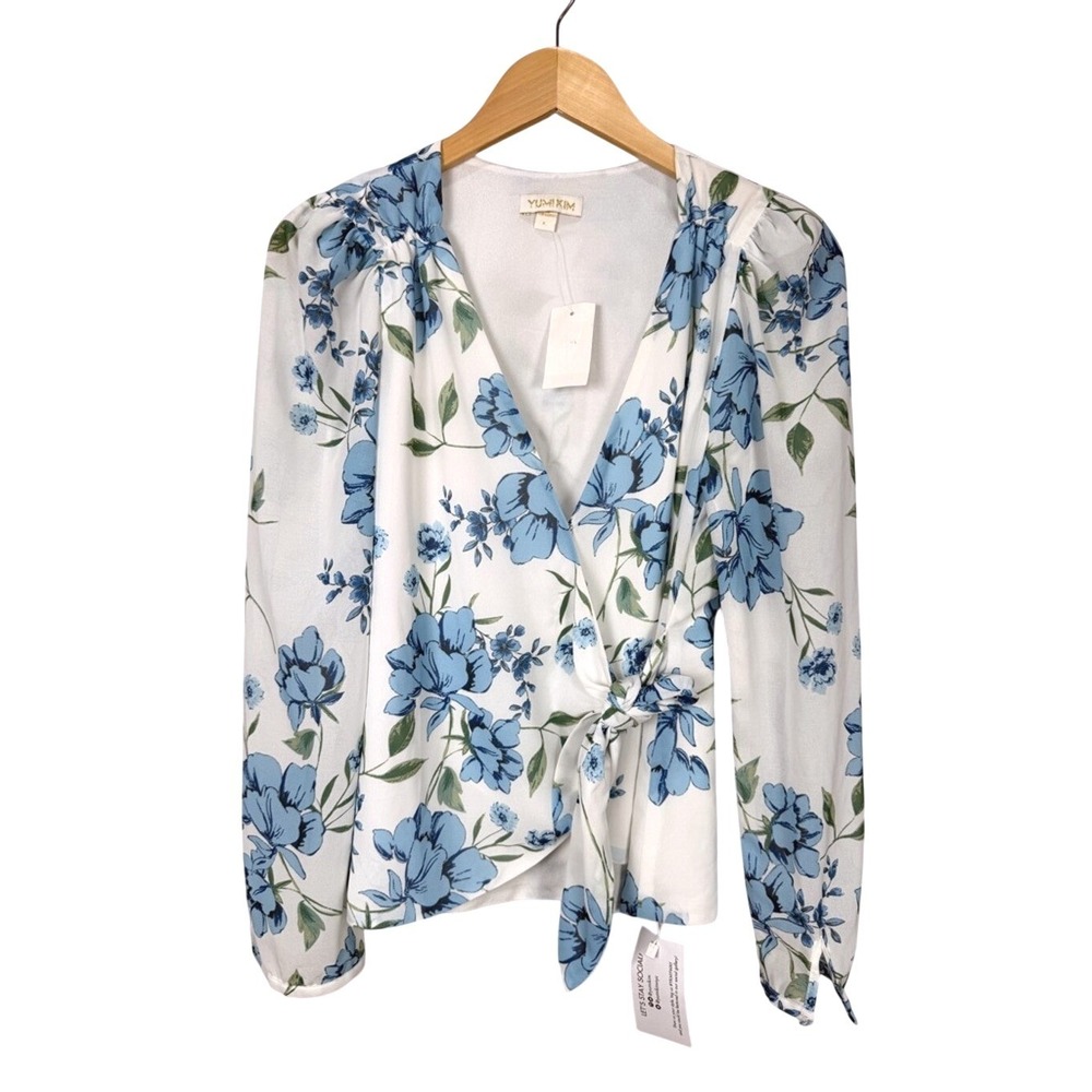 YUMI KIM‎ Wrap Blouse Blue Floral Print Long Sleeve Tie Waist Size L NWT